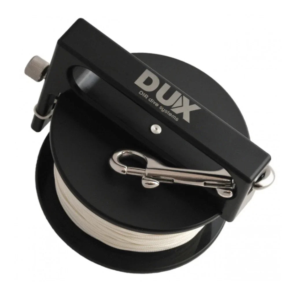 Schwarze DUX DIR Spool-Tauchrolle mit weißer Leine und Karabiner, Tauchausrüstung