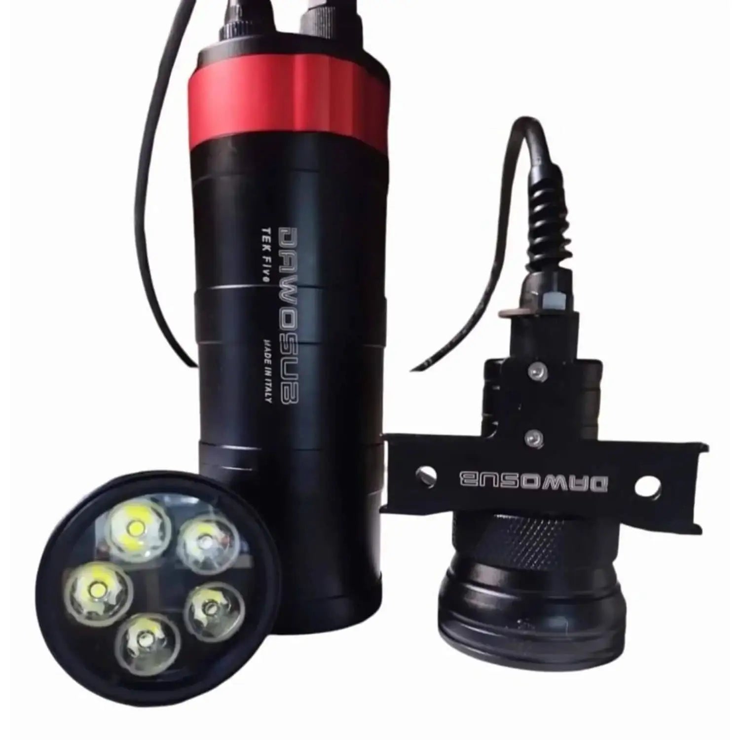 Divesco Unterwasser-Tauchlampe mit Akkutank, schwarz-rot, fünf LED-Leuchten, Tauchausrüstung