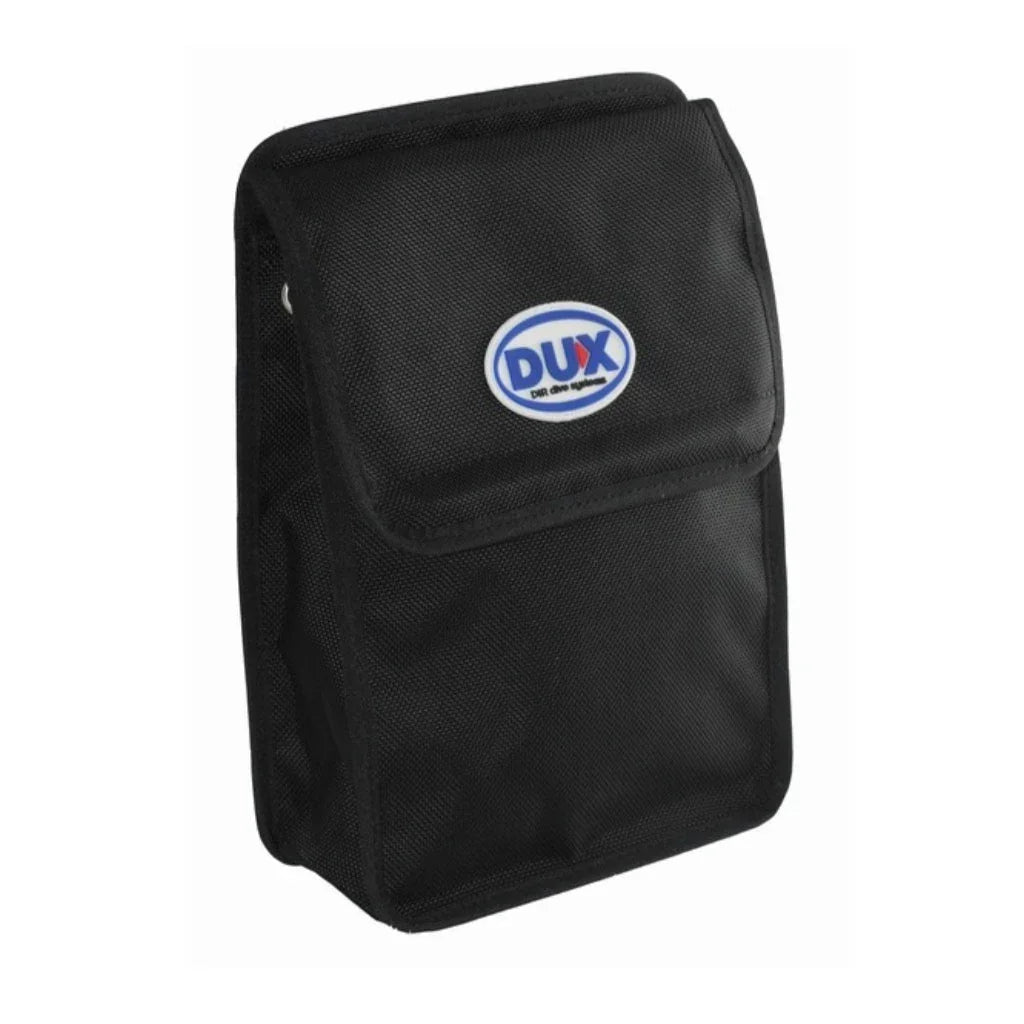 Schwarze DUX Zubehörtasche für Trockentauchanzug, robustes Material, Frontansicht