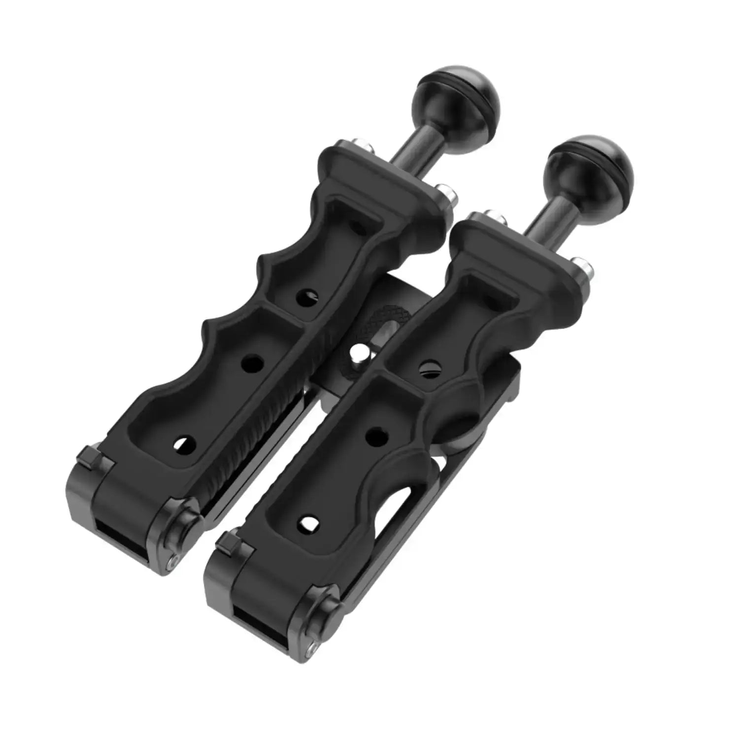 Schwarze Halterung fĂŒr TauchausrĂŒstung mit zwei Griffen und Kugelgelenken, isoliert.