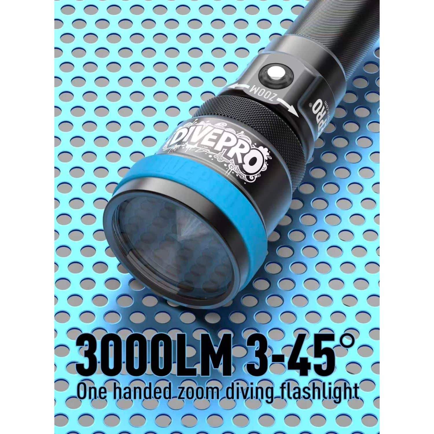 Taucherlampe mit 3000 Lumen, blau-schwarz, Zoomfunktion, auf perforiertem Untergrund