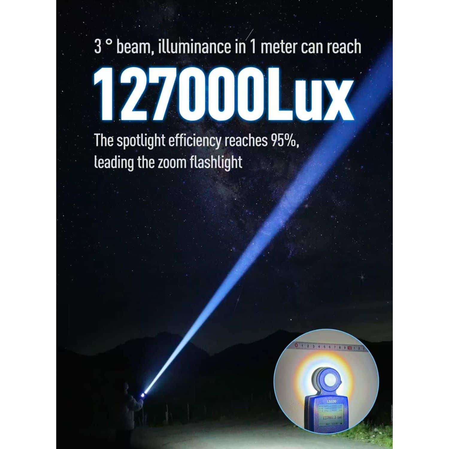 Starke Taschenlampe mit 127.000 Lux Lichtstrahl bei Nacht, ideal für Taucher und Outdoor