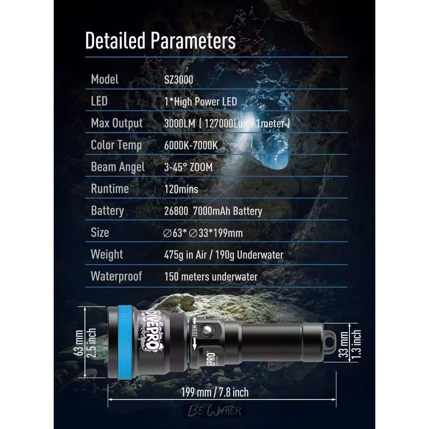 Taucherlampe SZ3000, LED, 3000 Lumen, 150 m wasserdicht, technische Details, Unterwasserausrüstung