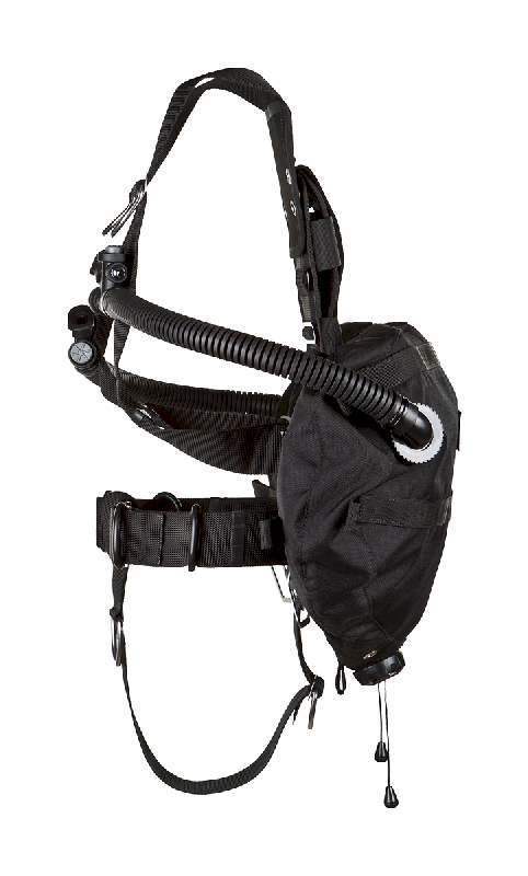 Seitliche Ansicht eines schwarzen Sidemount-Tarierjackets für technisches Tauchen