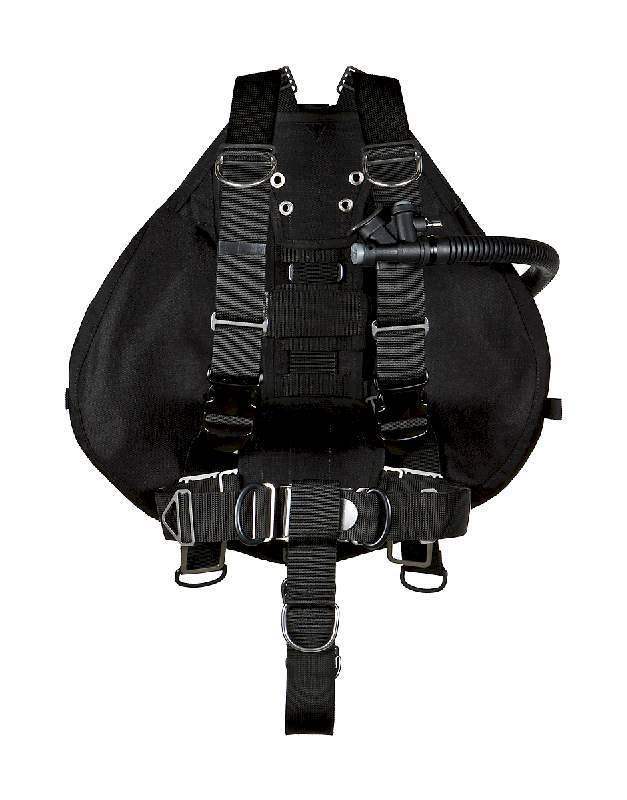 Schwarzes Sidemount-Tauchausrüstungs-Set mit Harness, D-Ringen und Inflatorschlauch