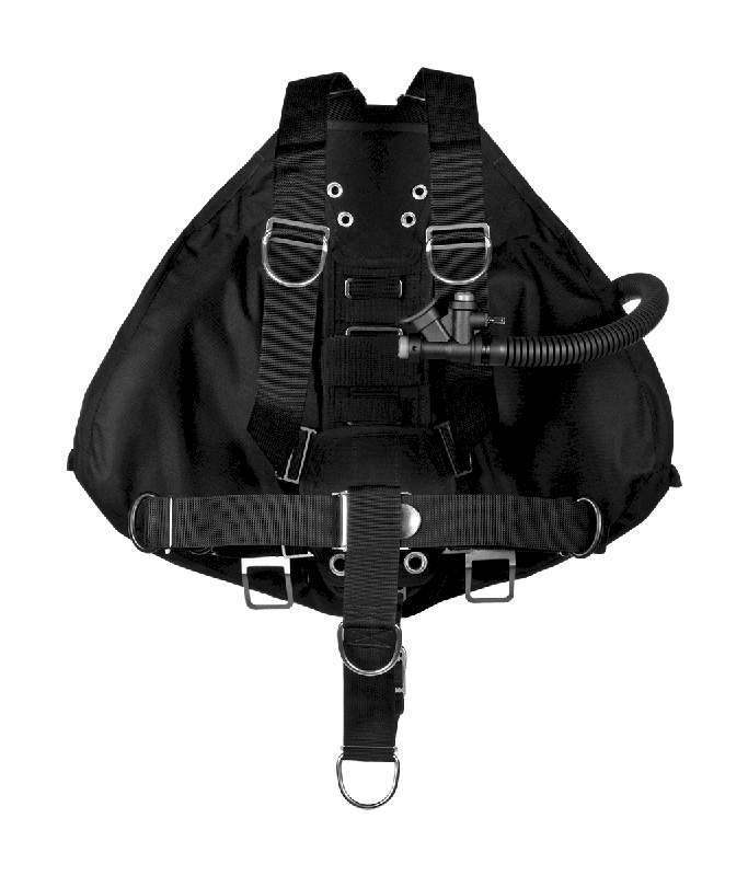 Schwarzes Stealth 2.0 TEC Sidemount-Tauchsystem mit Harness und D-Ringen fĂŒr technisches Tauchen