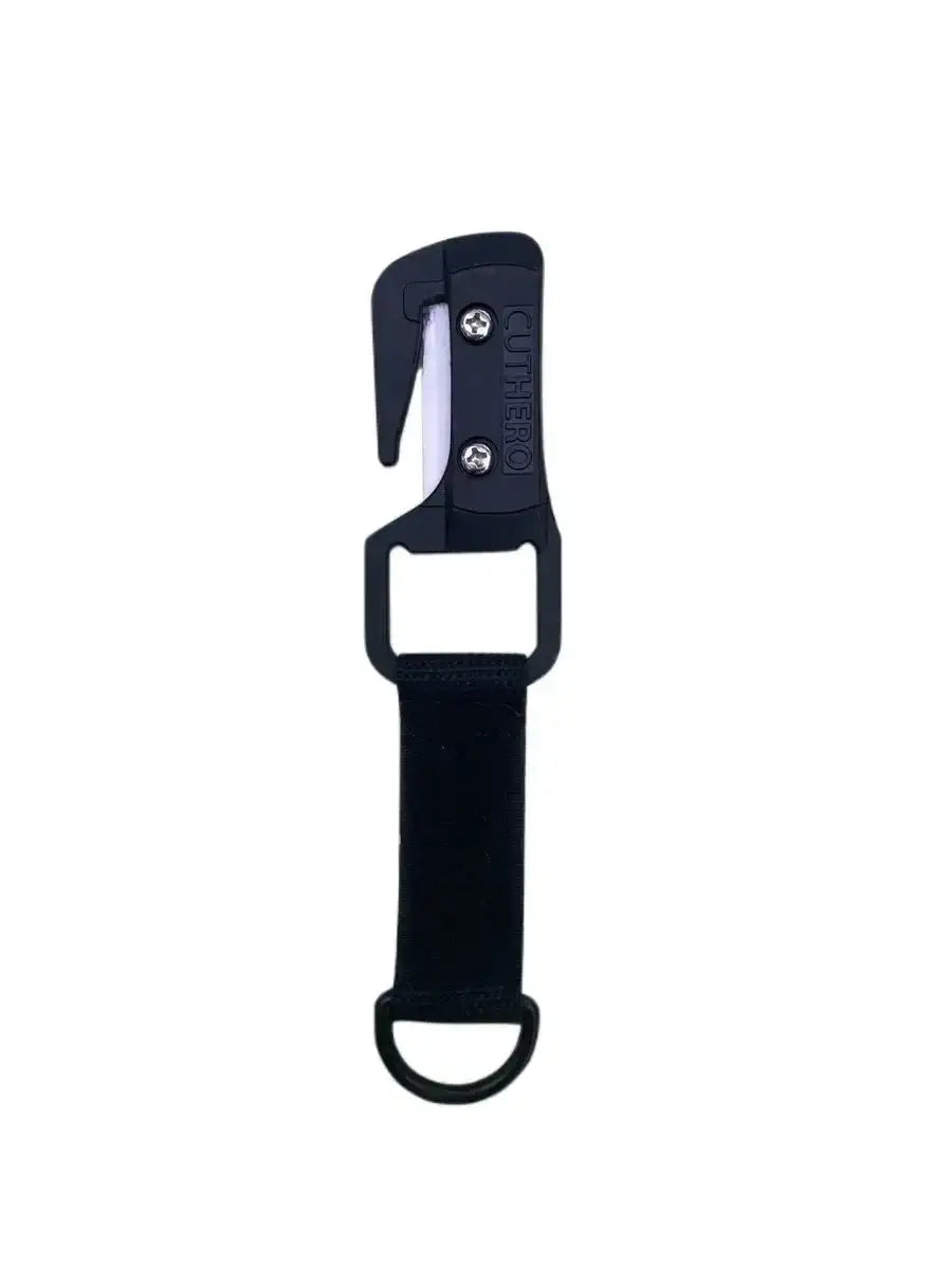 Schwarzer Tauchermesser Linecutter mit Sicherungsband, ideal für Tauchausrüstung.