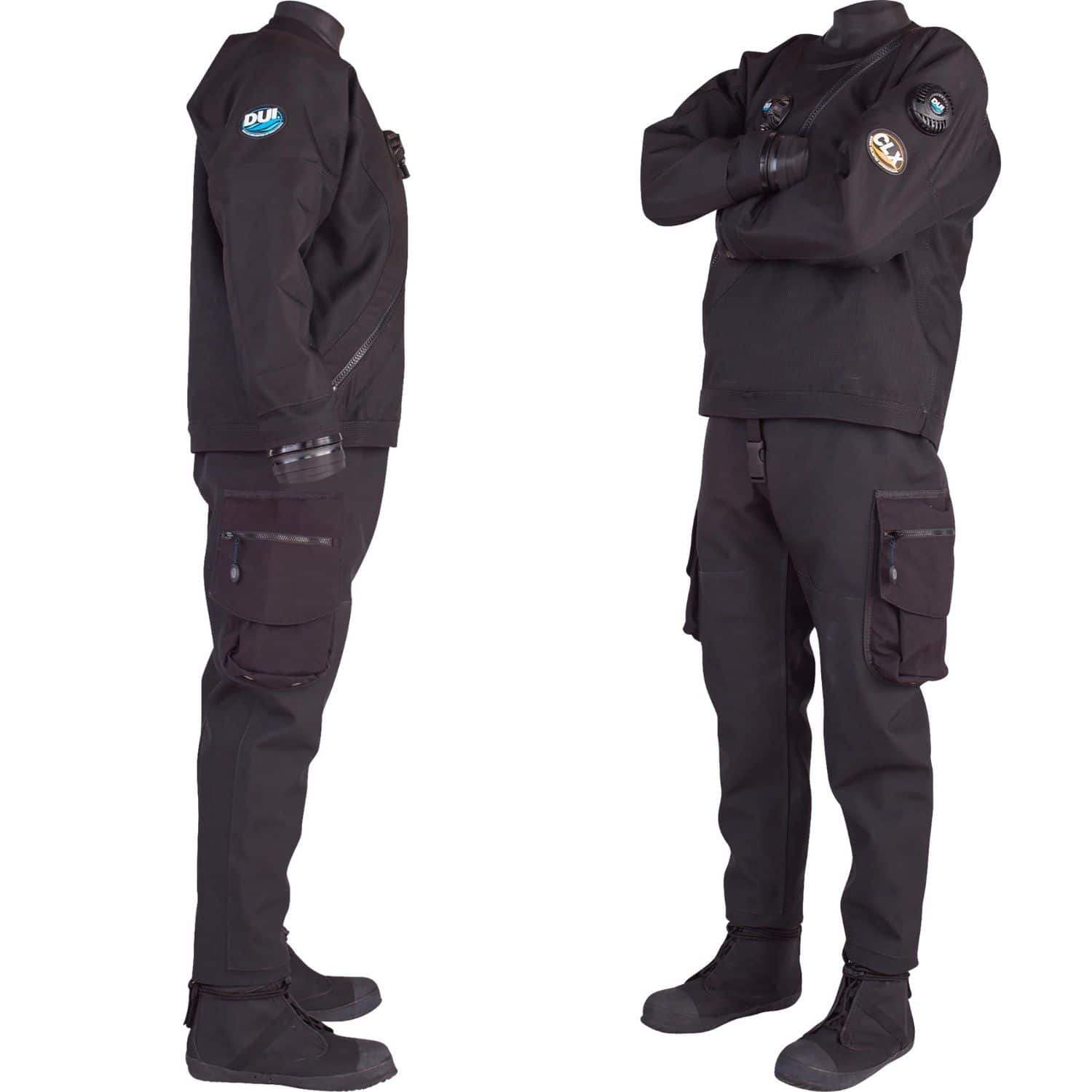 Schwarzer Trockentauchanzug fĂĽr Taucher, Frontansicht und Seitenansicht, mit Taschen