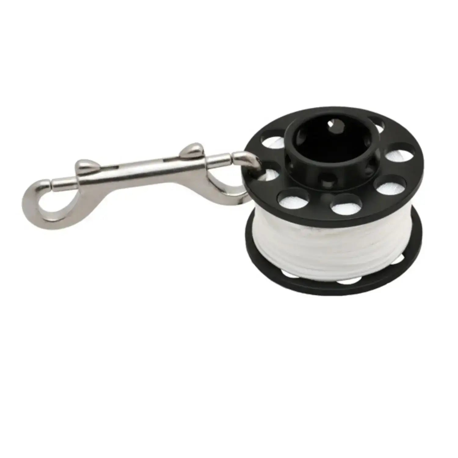 Taucher Spool Reel mit Edelstahl Doppelkarabiner, schwarze Spule mit weißer Leine, Tauchausrüstung