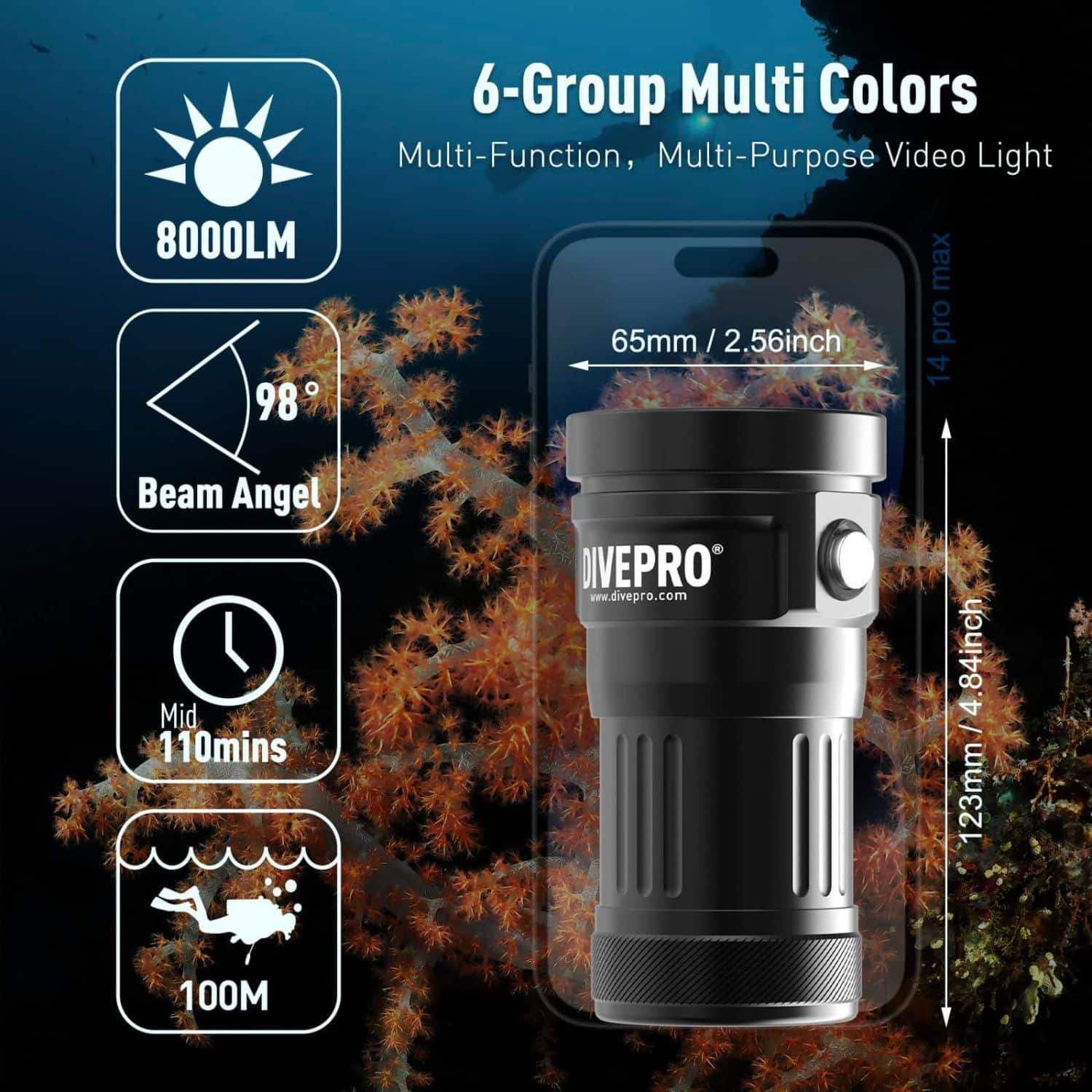 Taucherlampe DIVEPRO 8000 Lumen, 98° Abstrahlwinkel, 100m wasserdicht, Unterwasserleuchte