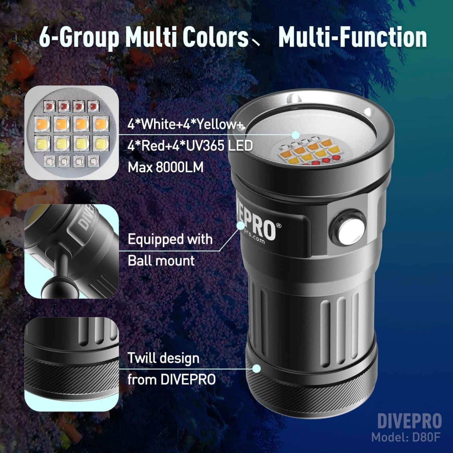 DIVEPRO D80F Tauchlampe mit 6 LED-Farbgruppen, Kugelhalterung und geriffeltem Griff, 8000 Lumen