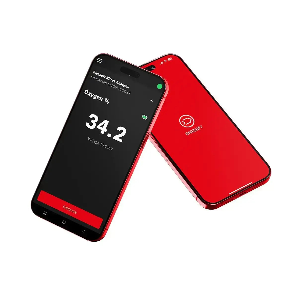 Zwei rote Divesoft Geräte, eines zeigt Tauchsauerstoffanalyse auf dem Display an.