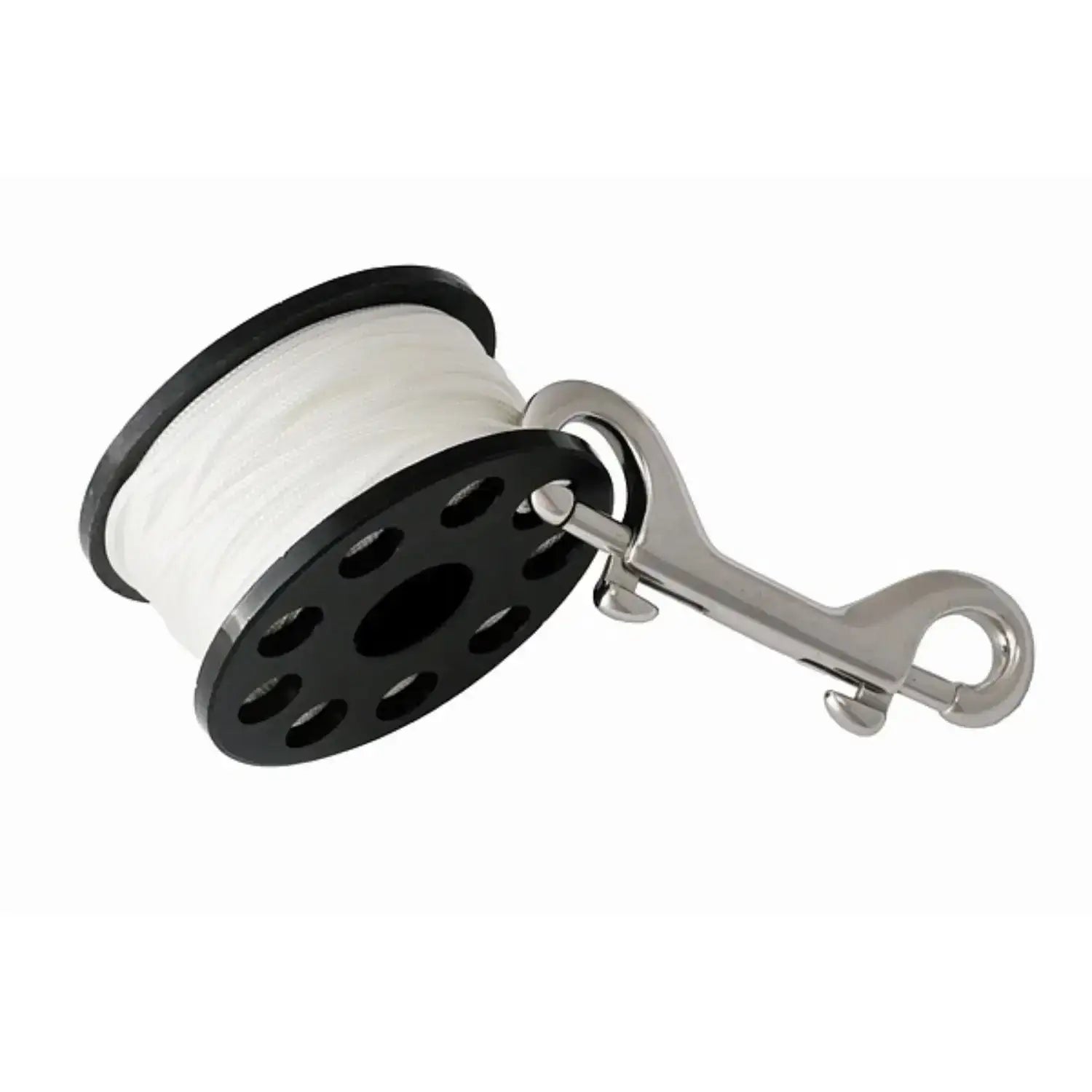 Schwarze Spool-Taucherrolle mit weißer Leine und Edelstahl-Doppelkarabiner