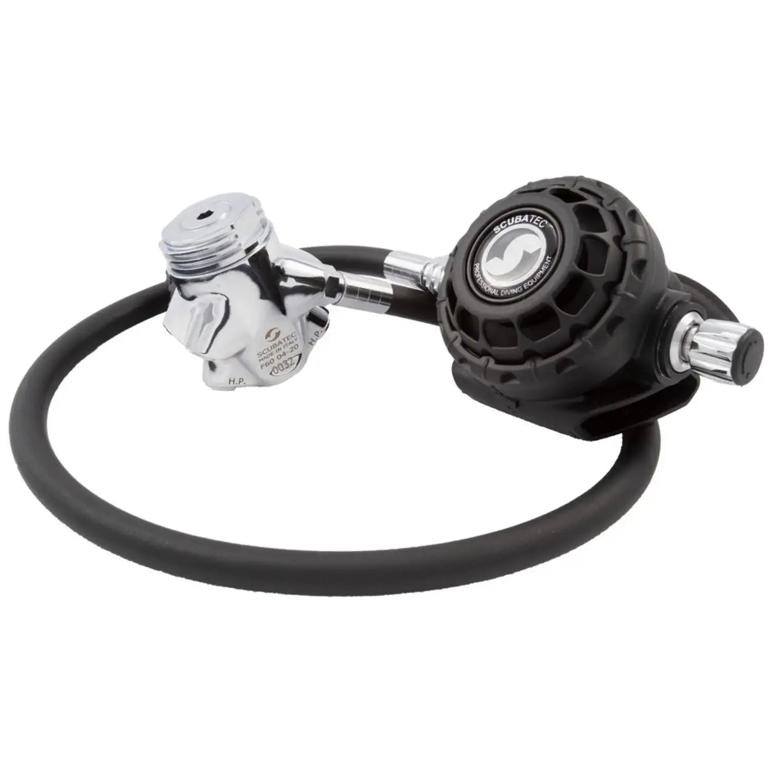 Atemregler fĂŒr Taucher mit schwarzem Schlauch und Metallkopf, TauchausrĂŒstung Detailansicht