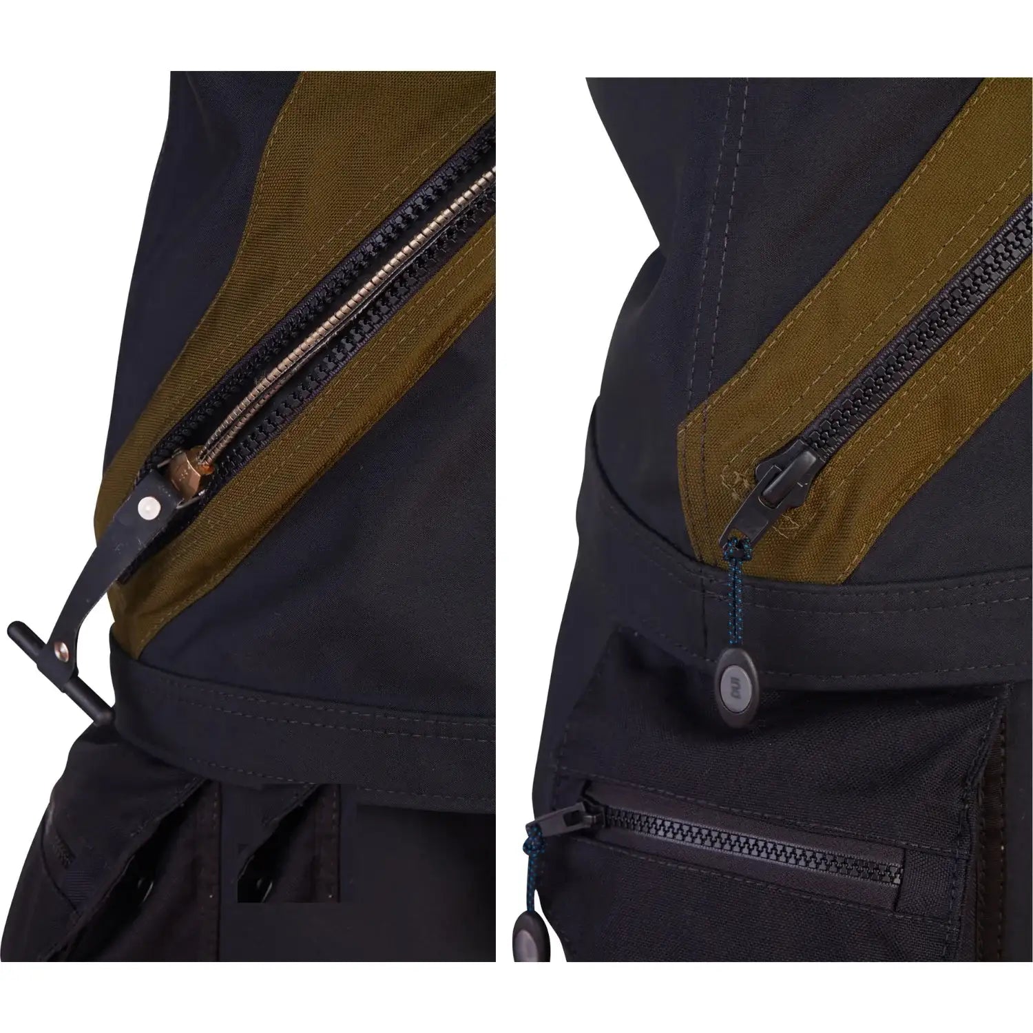 Detailaufnahme wasserdichter ReiĂźverschluss und Tasche einer Taucherjacke in Schwarz-Oliv.