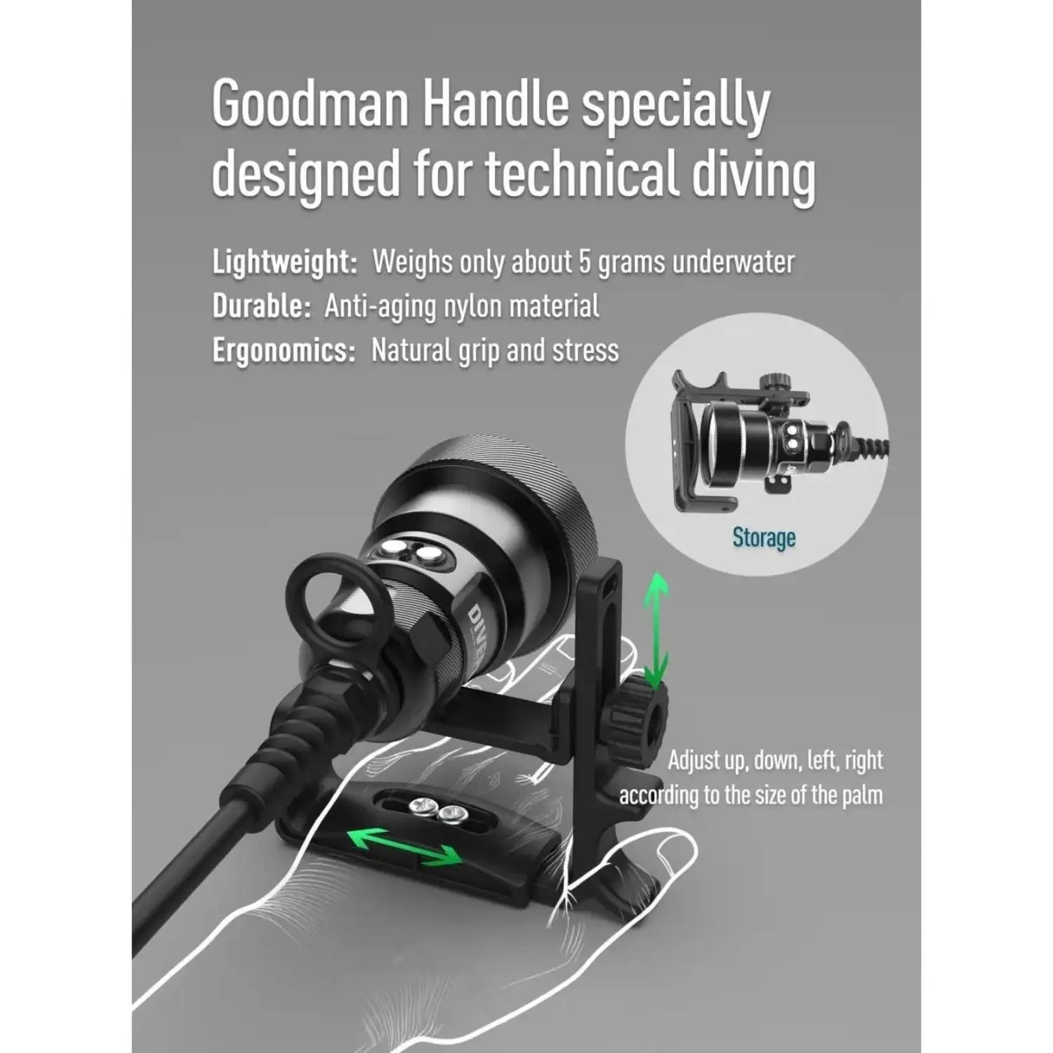 Goodman Handle für technisches Tauchen, verstellbar, leicht, robust aus Nylon, ergonomisch