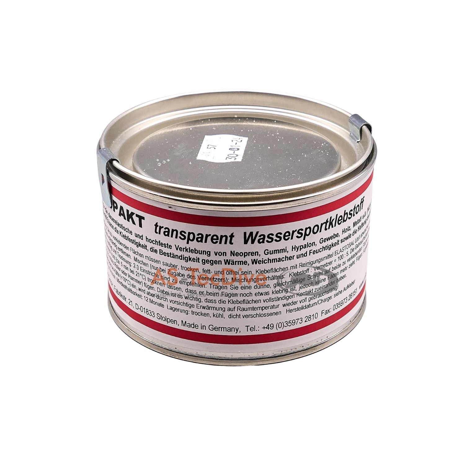 Transparenter Wassersportklebstoff in Metalldose, geeignet für Neopren und Gummi