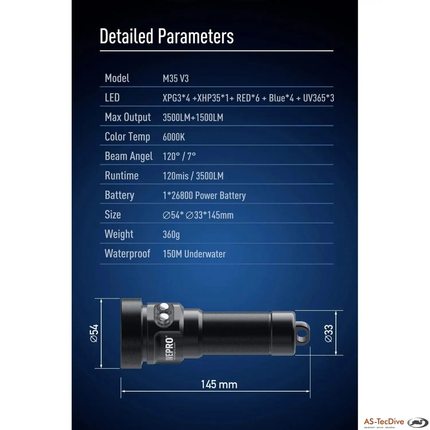 Taucherlampe M35 V3 mit technischen Daten, 3500 Lumen, 150m wasserdicht, LED, Abmessungen