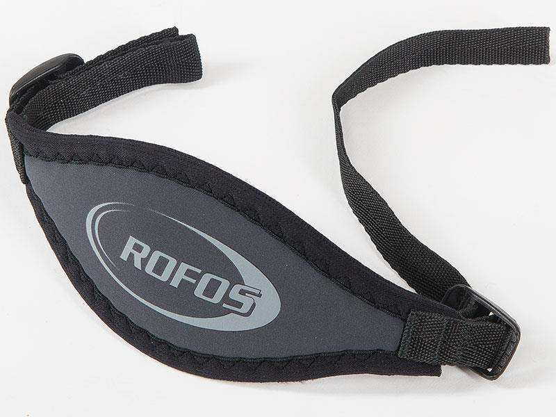 Schwarzes Maskenband aus Neopren mit ROFOS-Logo fĂŒr Taucher, Nahaufnahme
