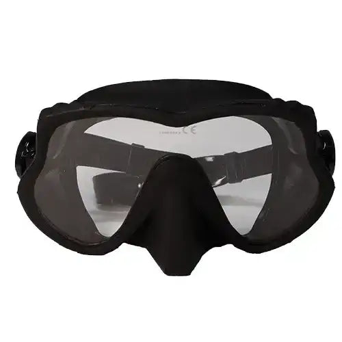 Schwarze Taucherbrille mit breitem Sichtfeld und verstellbarem Silikonband fĂŒr TauchausrĂŒstung.
