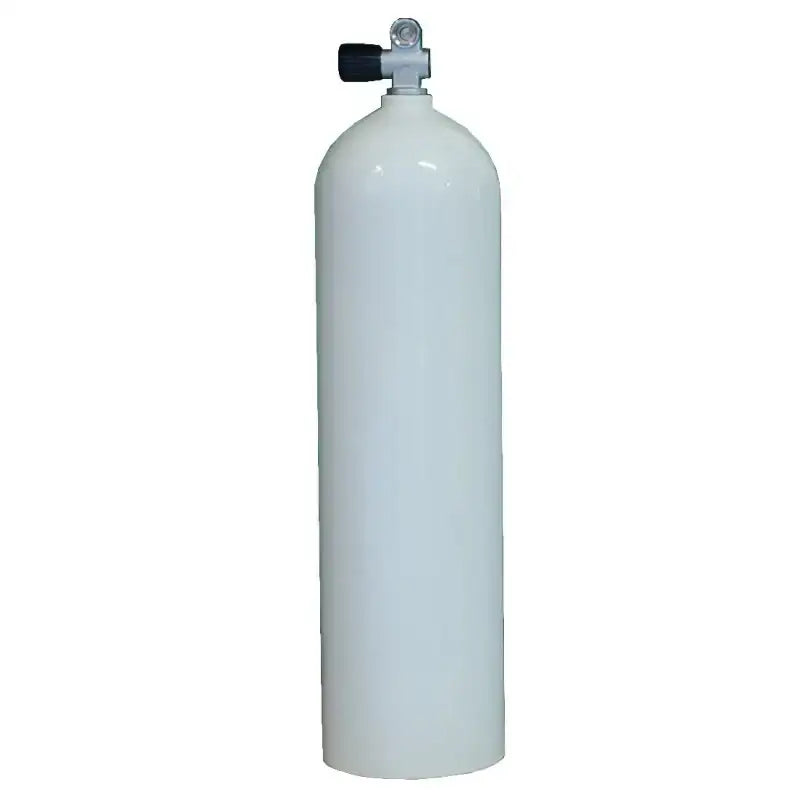 Weiße Aluminium-Tauchflasche mit Ventil, ideal für Tauchausrüstung und Pressluft.