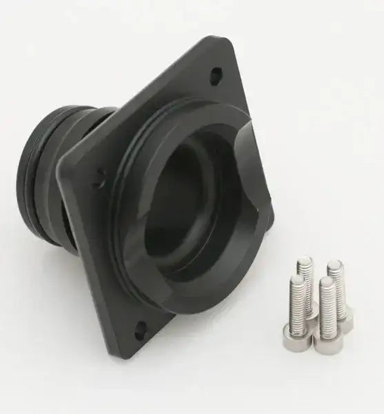 Schwarzes Tauchadapter-Bauteil mit Dichtung und vier Schrauben auf weißem Hintergrund