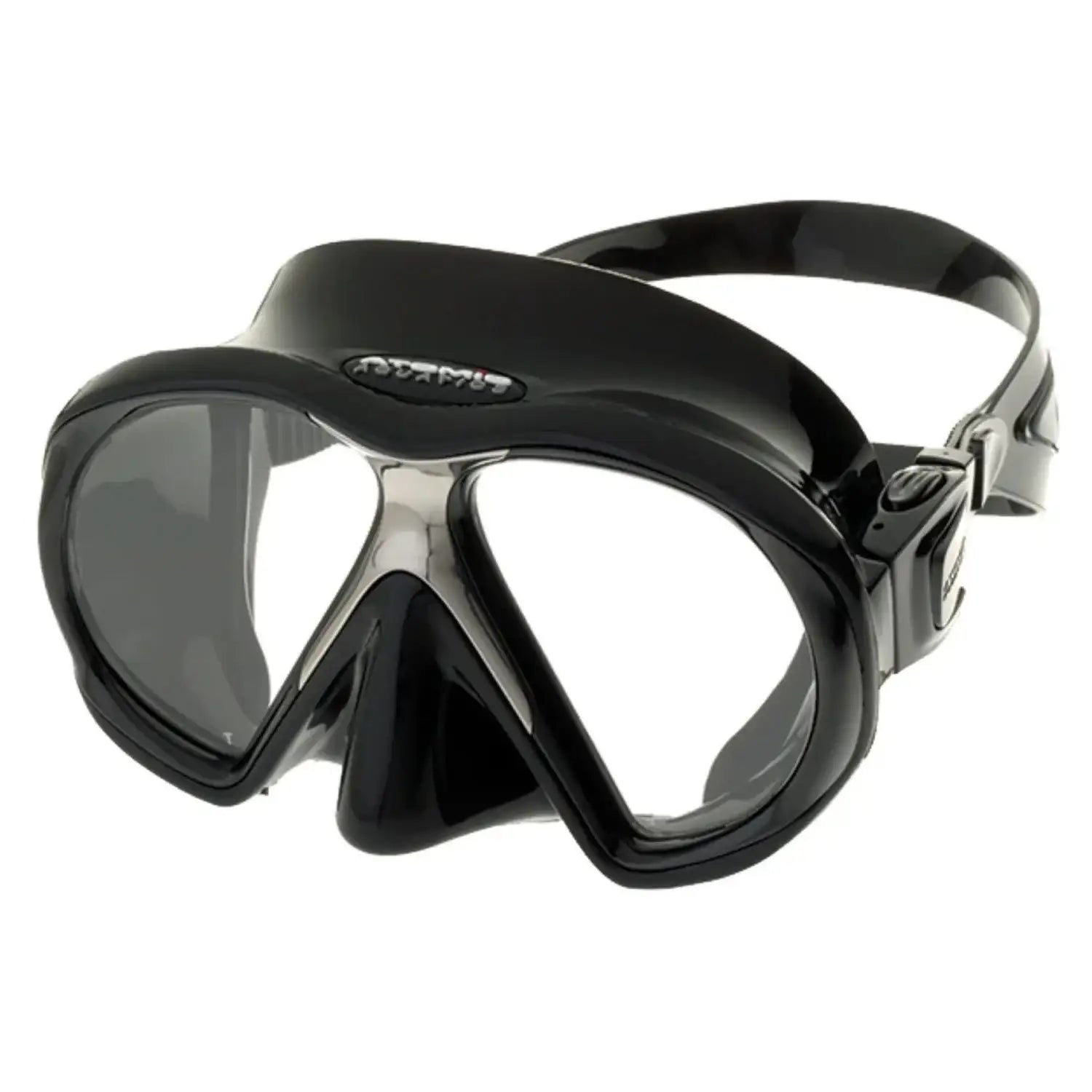 Schwarze Taucherbrille mit Doppelscheibe und verstellbarem Silikonband, Produktfoto