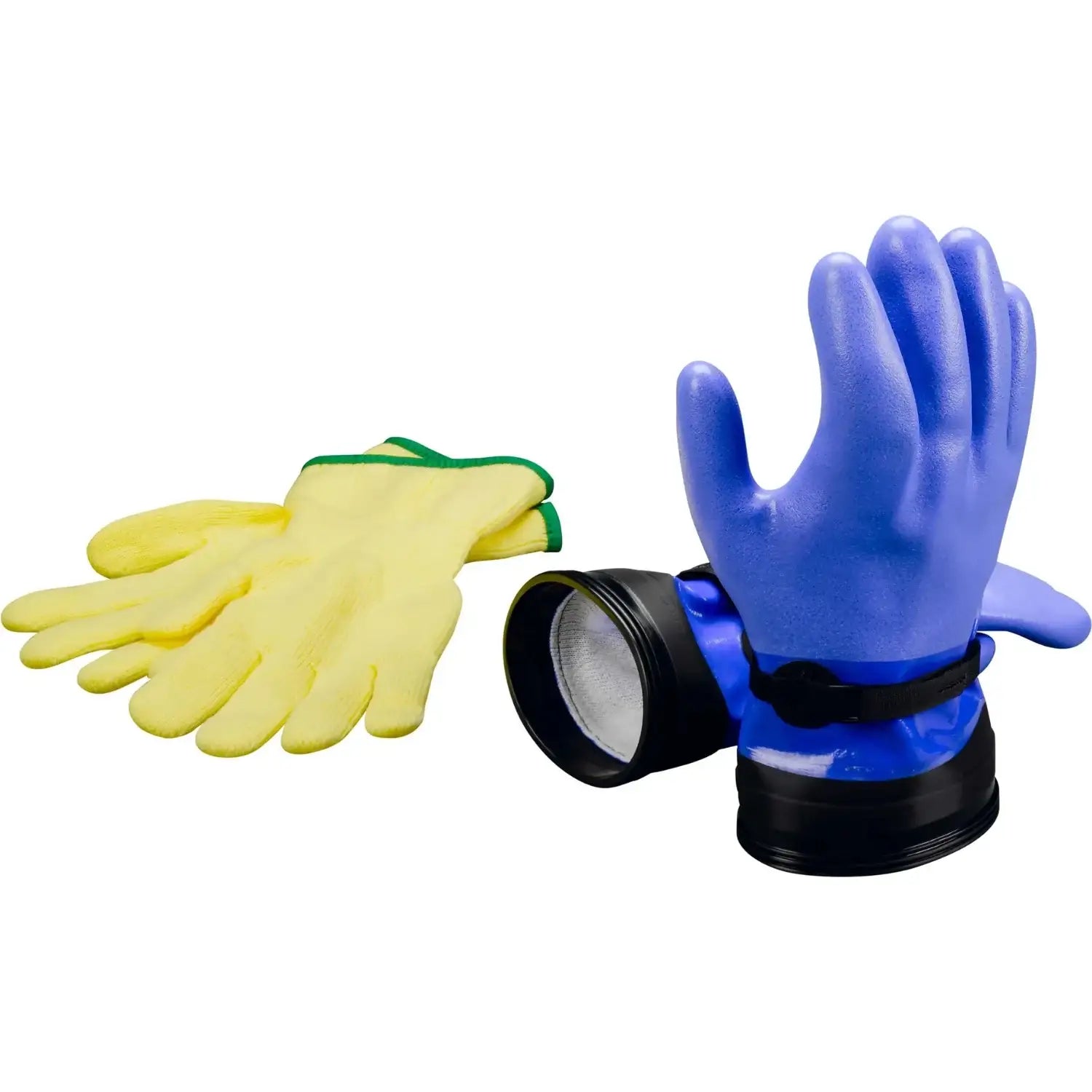 Taucherhandschuhe Set mit blauen ZipSeal Handschuhen und gelben Unterziehhandschuhen