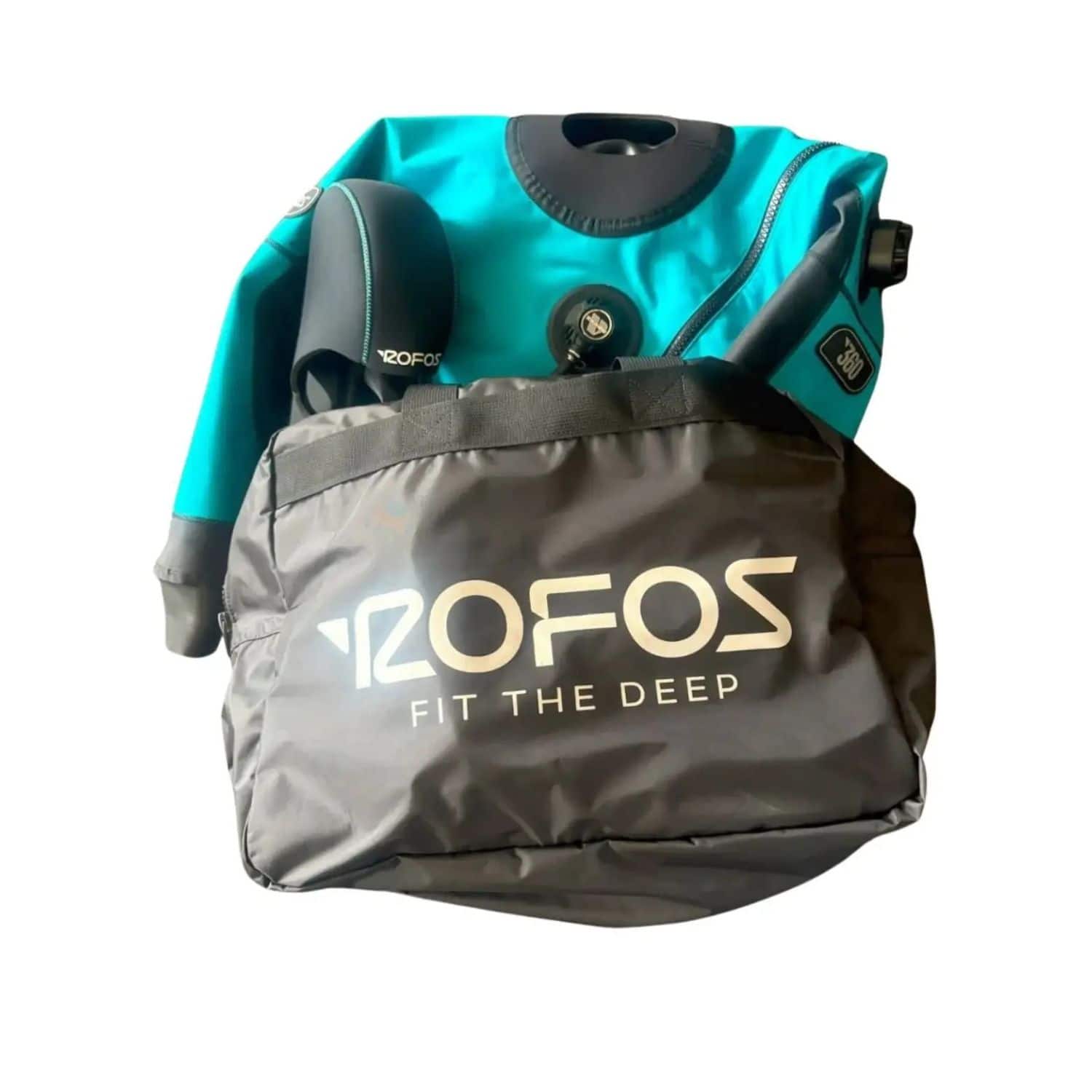 Türkiser Trockentauchanzug mit ZOFOs Tasche für Tauchausrüstung auf weißem Hintergrund