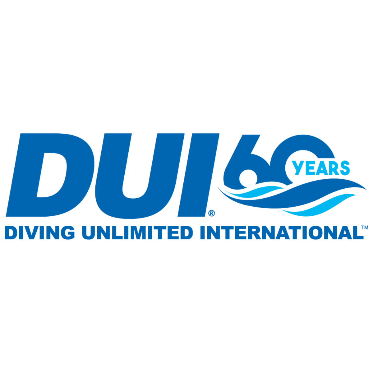 Logo von DUI 60 Jahre, Diving Unlimited International, mit Wasserwellen in Blau.