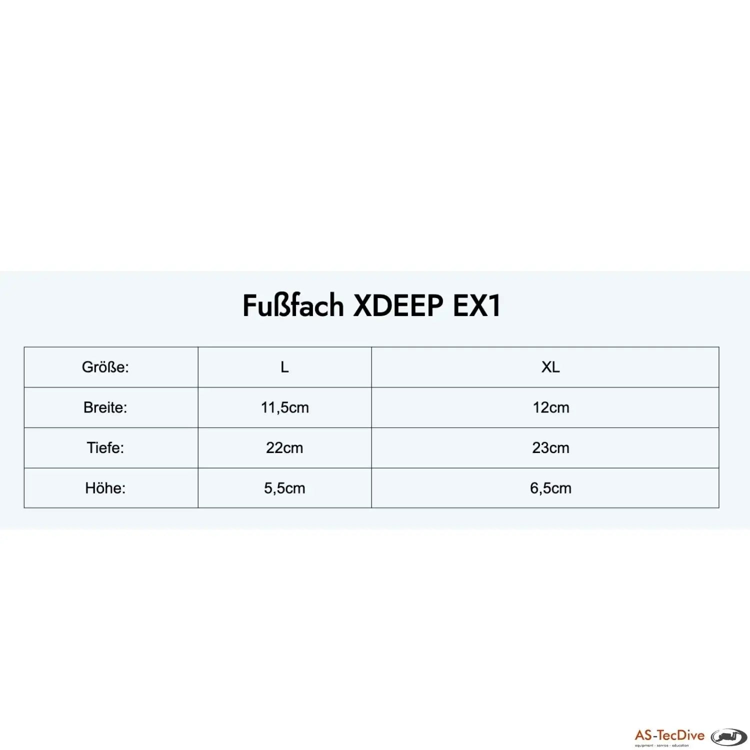 Größentabelle für Fußfach XDEEP EX1, Maße für L und XL in Breite, Tiefe, Höhe angegeben.