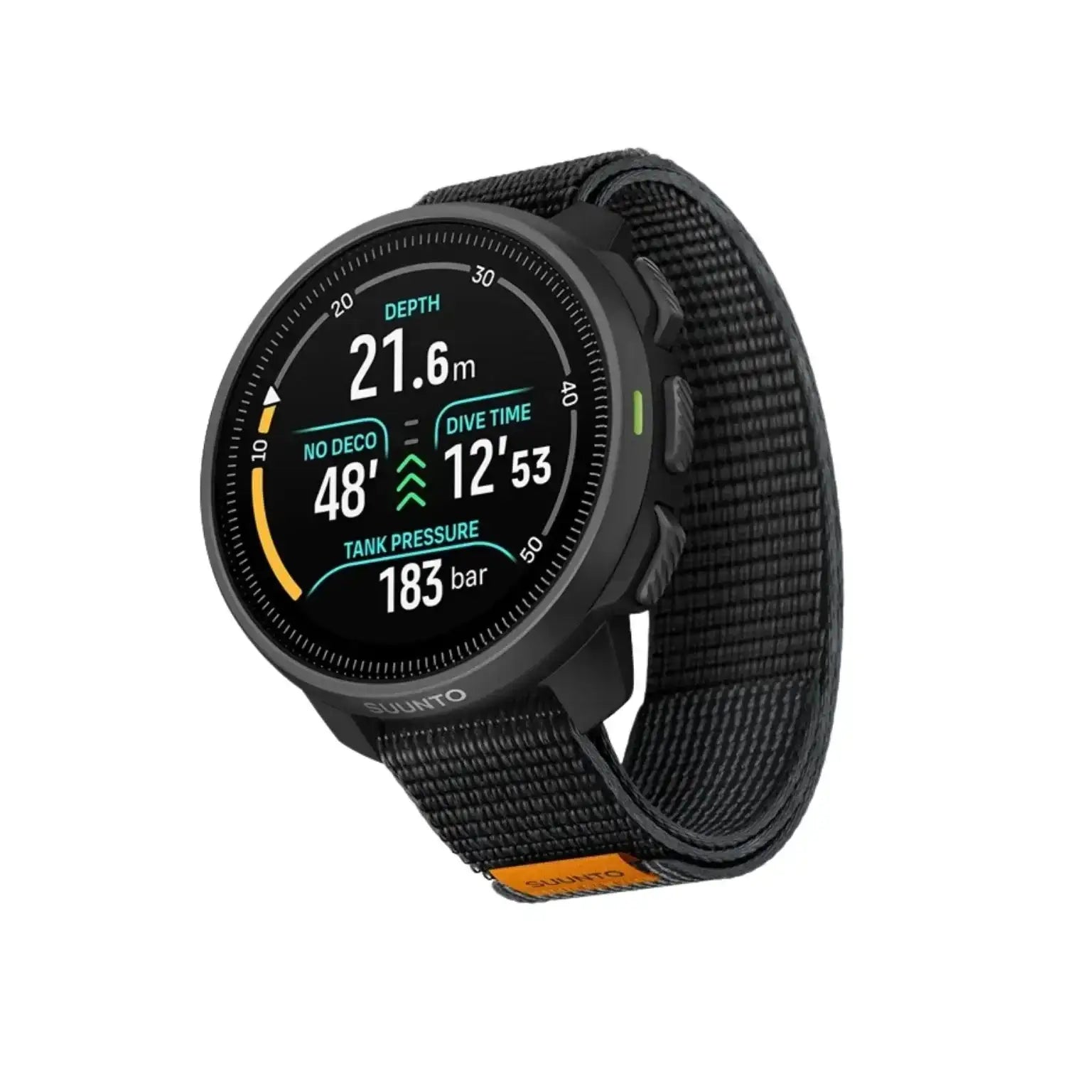 Moderner Tauchcomputer mit digitaler Anzeige, schwarzem Gehäuse und Nylonarmband