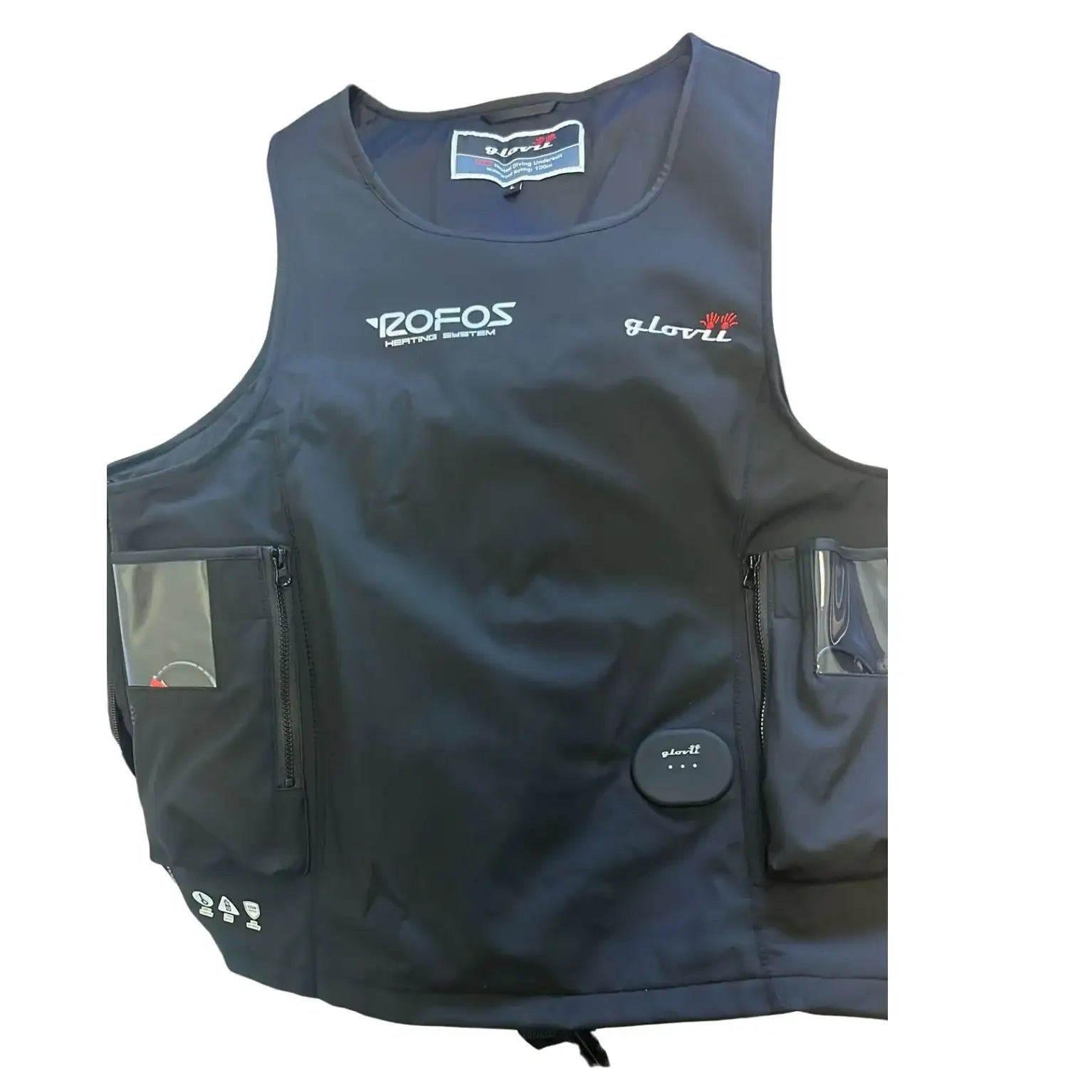 Schwarze beheizbare Taucherweste mit Taschen und Rofos Heating System Logo für Tauchausrüstung