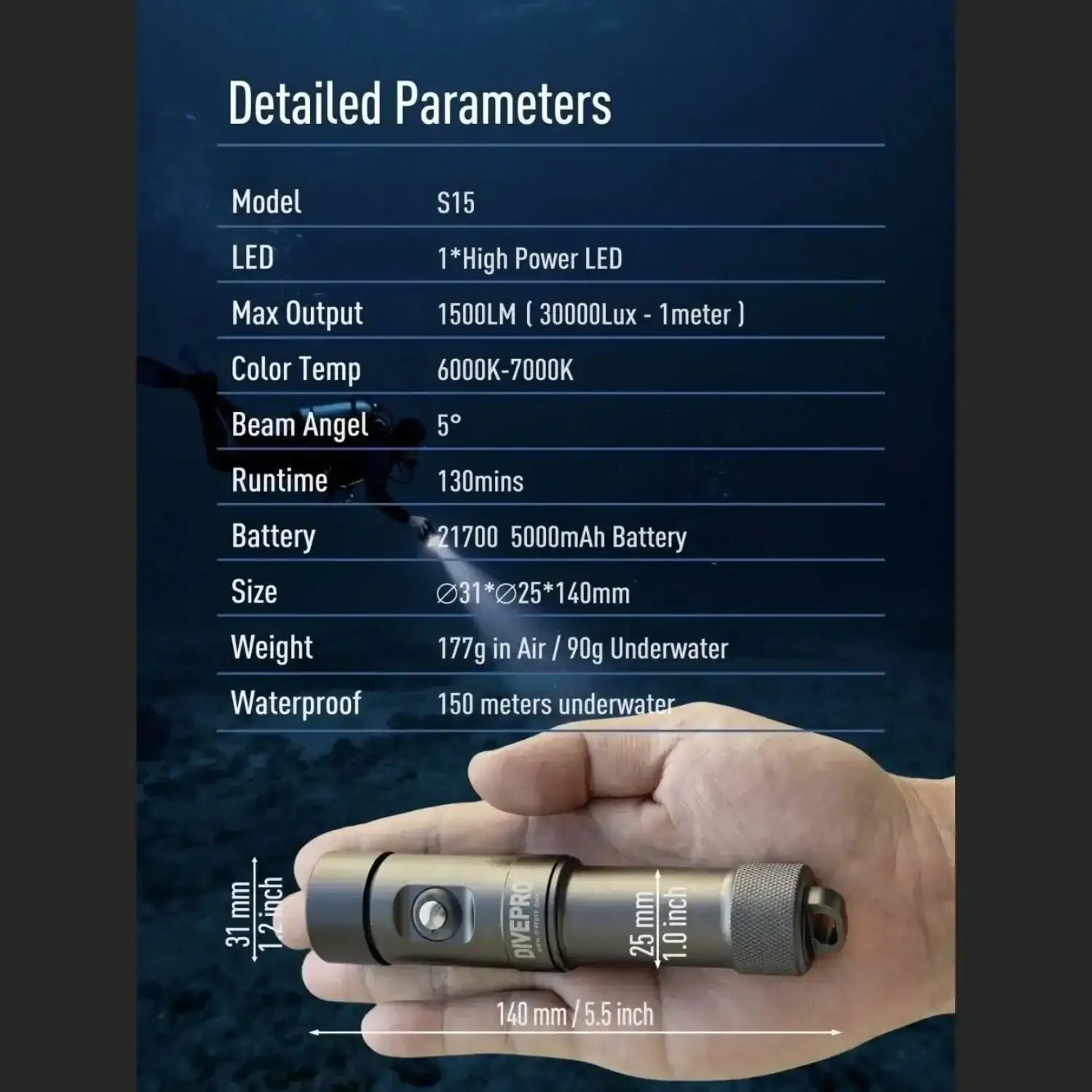 Taucher hält kompakte Taucherlampe S15 mit technischen Daten für Unterwasserbeleuchtung.